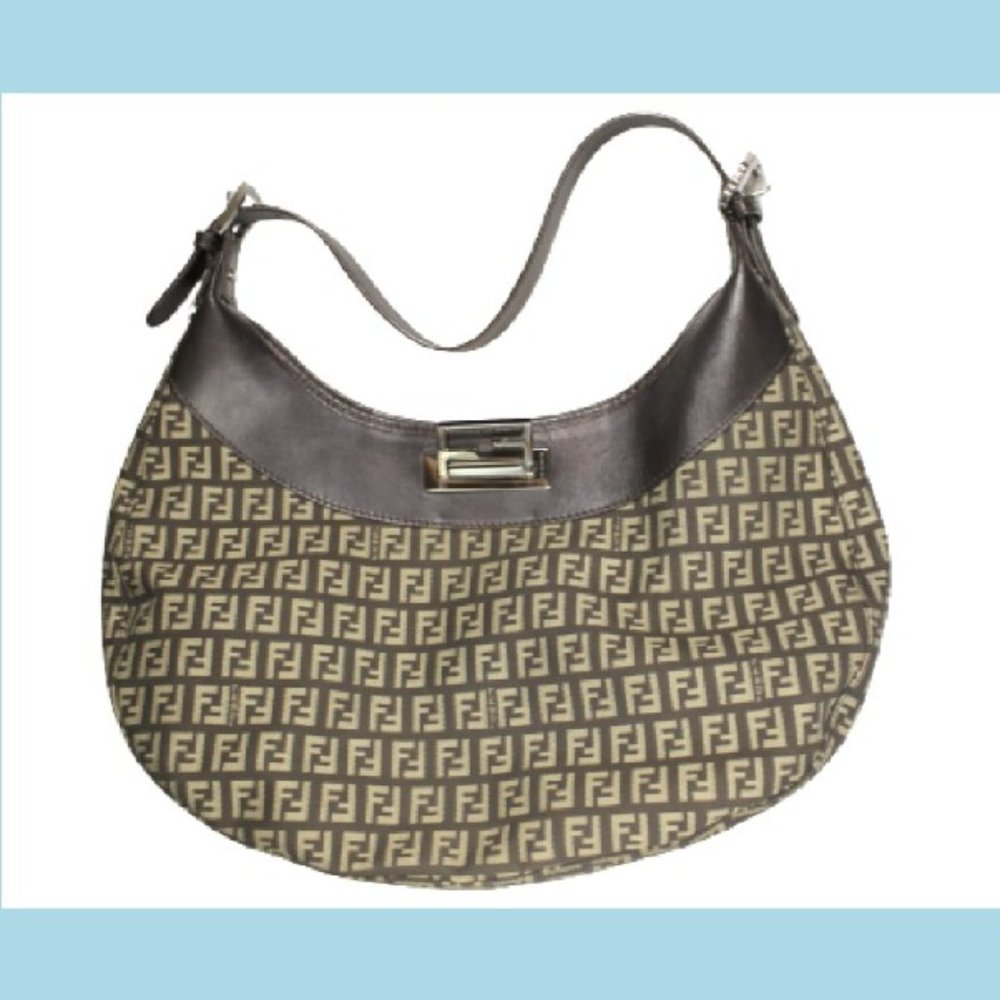 Fendi Zucca Vintage Handbag Shoulder Bag Monogram Canvas Leather Trim Hobo Tote